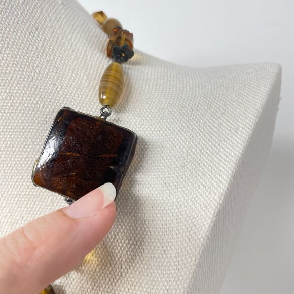 Murano Glass Beaded Necklace Square Pendant Amber Brown Faceted - Picture 6 of 16